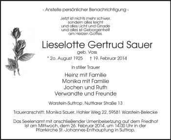 Traueranzeige von Lieselotte Gertrud Sauer von MZV