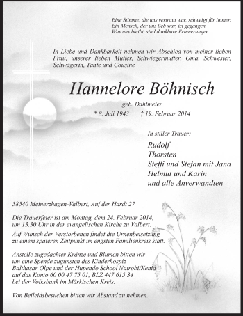 Traueranzeige von Hannelore Böhnisch von MZV