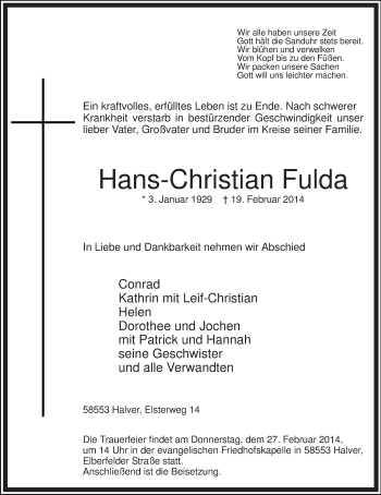 Traueranzeige von Hans-Christian Fulda von MZV