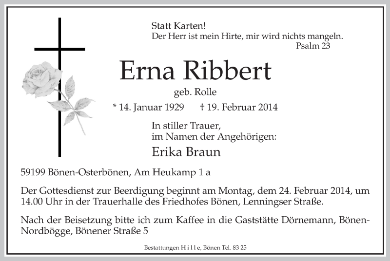 Traueranzeige für Erna Ribbert vom 21.02.2014 aus MZV