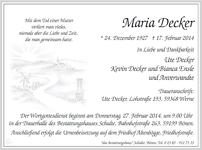  Traueranzeige für Maria Decker vom 22.02.2014 aus MZV