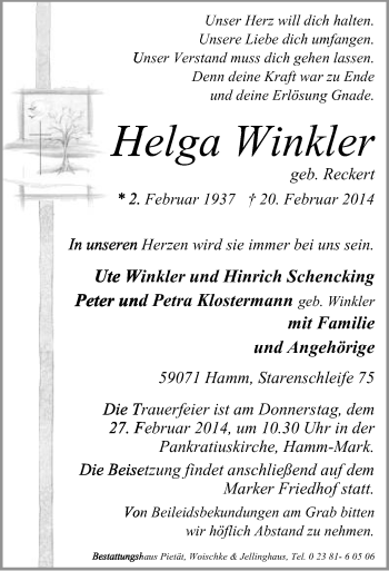 Traueranzeige von Helga Winkler von MZV