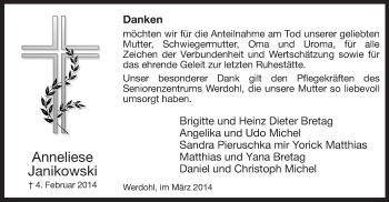 Traueranzeige von Anneliese Janikowski von MZV
