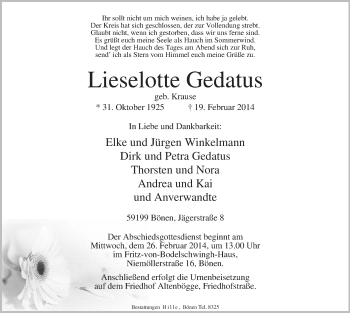 Traueranzeige von Lieselotte Gedatus von MZV