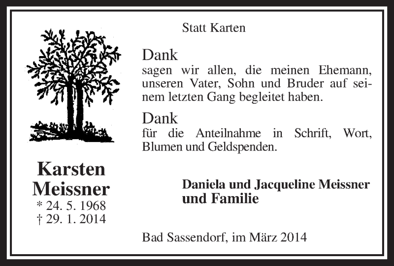  Traueranzeige für Karsten Meissner vom 01.03.2014 aus MZV