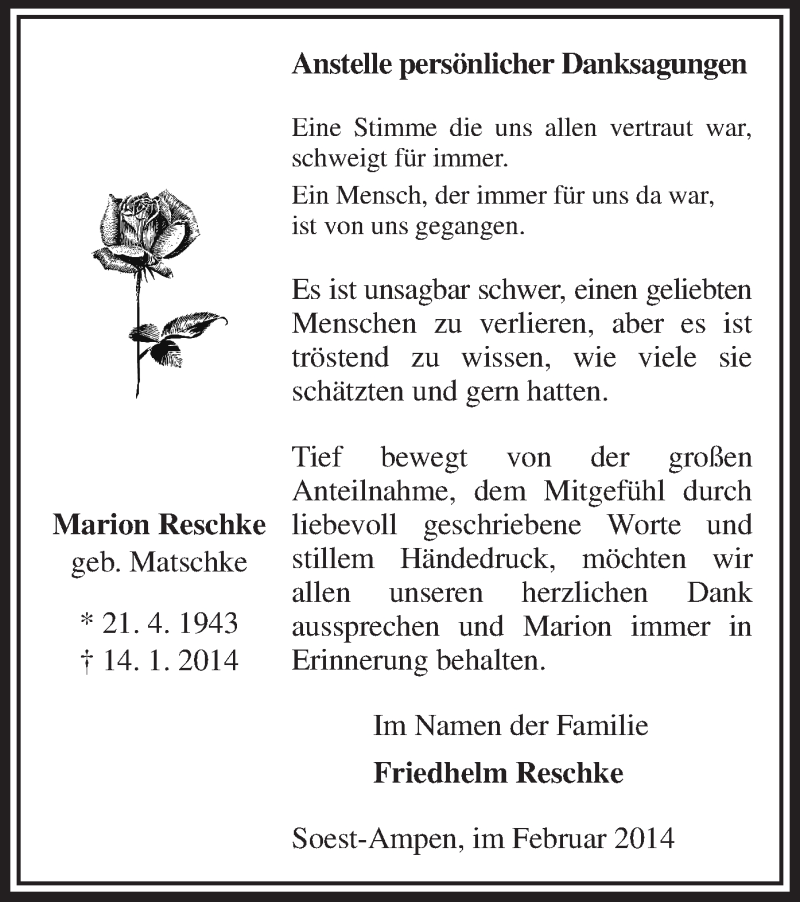  Traueranzeige für Marion Reschke vom 28.02.2014 aus MZV