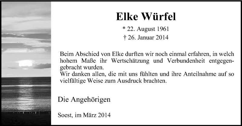  Traueranzeige für Elke Würfel vom 01.03.2014 aus MZV