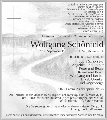 Traueranzeige von Wolfgang Schönfeld von MZV