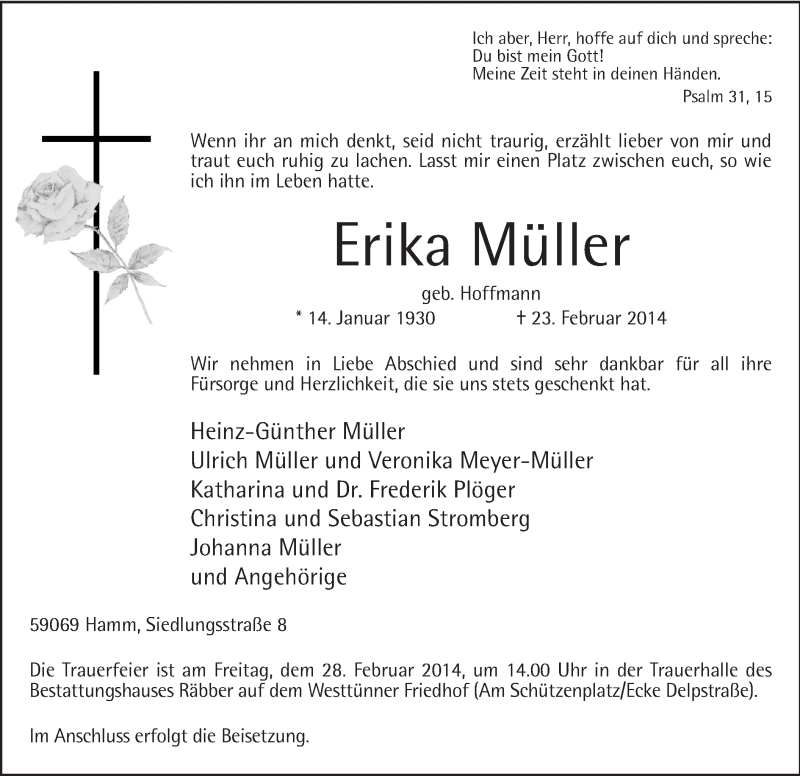  Traueranzeige für Erika Müller vom 26.02.2014 aus MZV