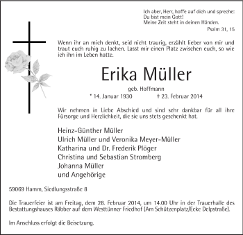 Traueranzeige von Erika Müller von MZV