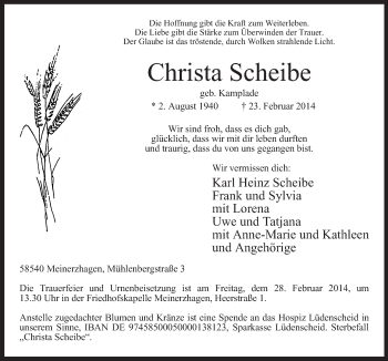 Traueranzeige von Christa Scheibe von MZV