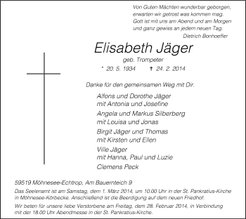 Traueranzeige von Elisabeth Jäger von MZV