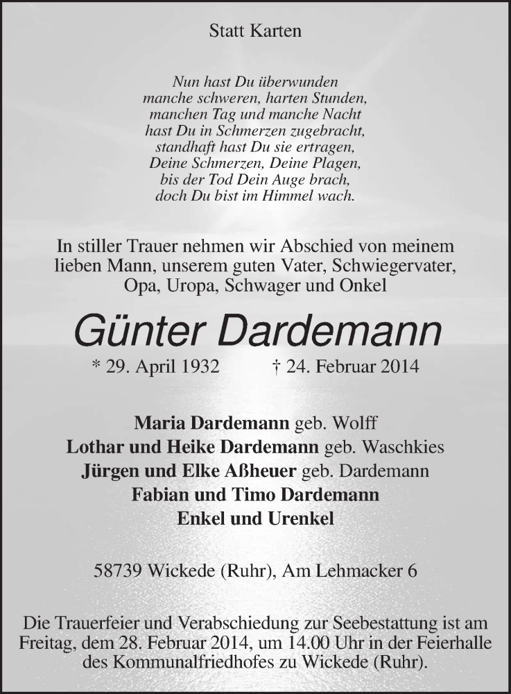  Traueranzeige für Günter Dardemann vom 26.02.2014 aus MZV