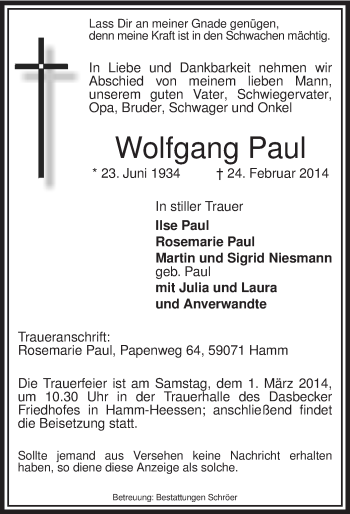 Traueranzeige von Wolfgang Paul von MZV