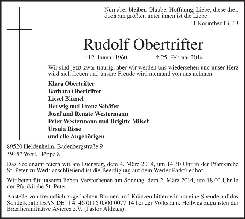  Traueranzeige für Rudolf Obertrifter vom 28.02.2014 aus MZV