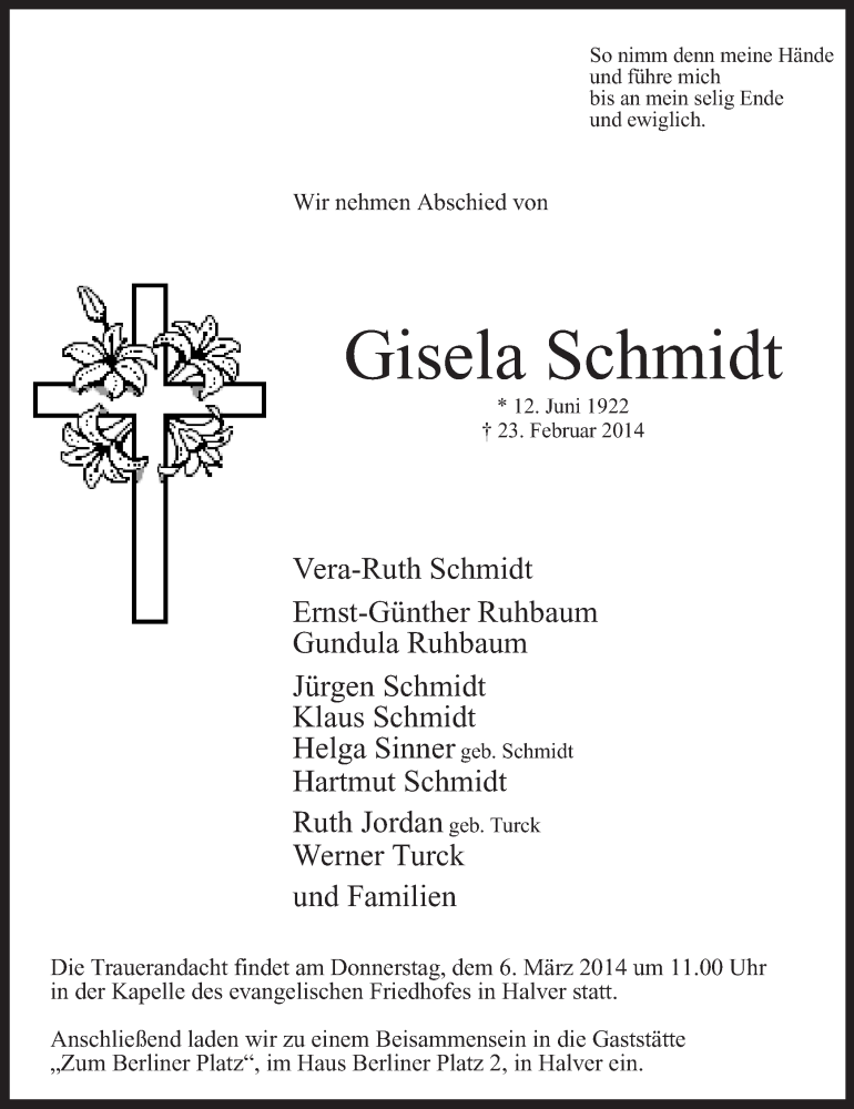  Traueranzeige für Gisela Schmidt vom 01.03.2014 aus MZV