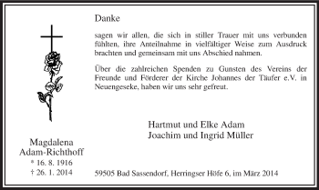 Traueranzeige von Magdalena Adam-Richthoff von MZV