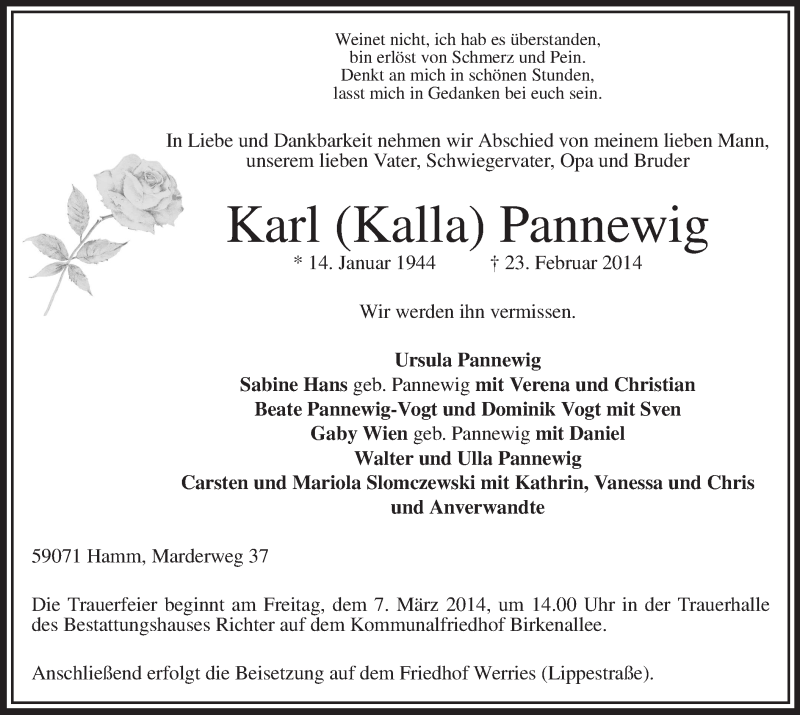  Traueranzeige für Karl Pannewig vom 01.03.2014 aus MZV