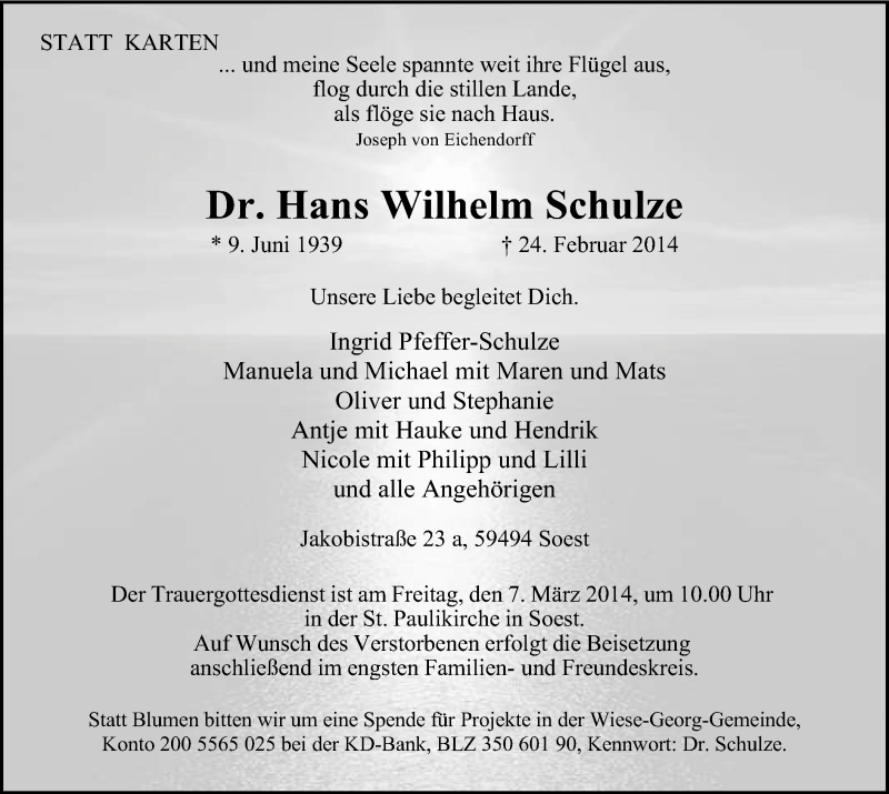  Traueranzeige für Hans Wilhelm Schulze vom 01.03.2014 aus MZV