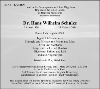 Traueranzeige von Hans Wilhelm Schulze von MZV
