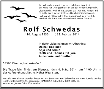 Traueranzeige von Rolf Schwedas von MZV