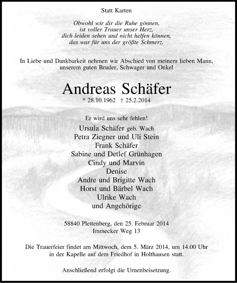  Traueranzeige für Andreas Schäfer vom 01.03.2014 aus MZV