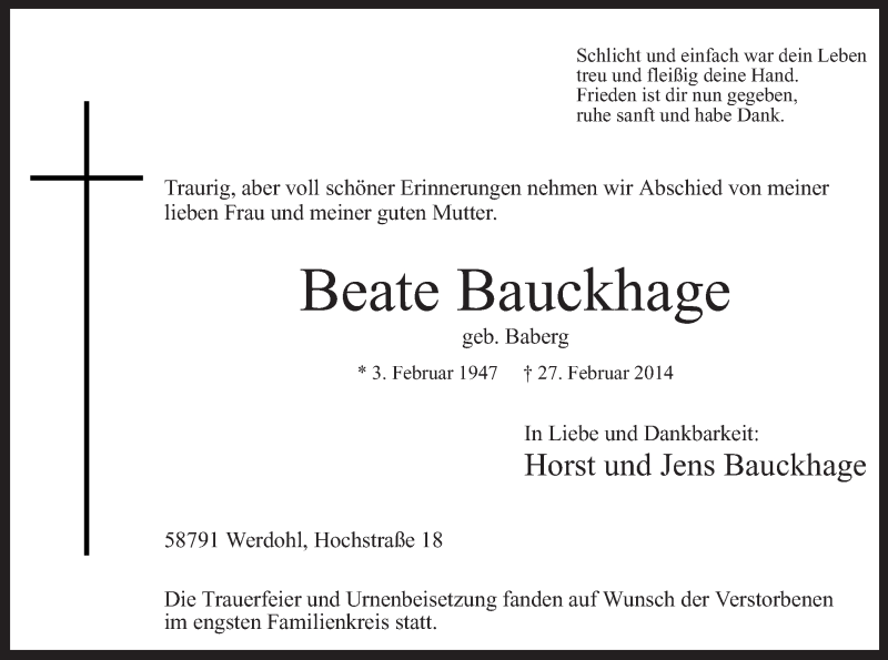  Traueranzeige für Beate Bauckhage vom 08.03.2014 aus MZV