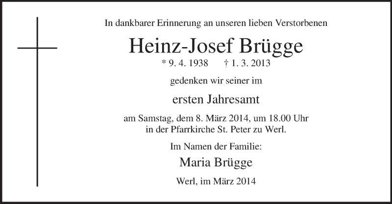  Traueranzeige für Heinz-Josef Brügge vom 04.03.2014 aus MZV