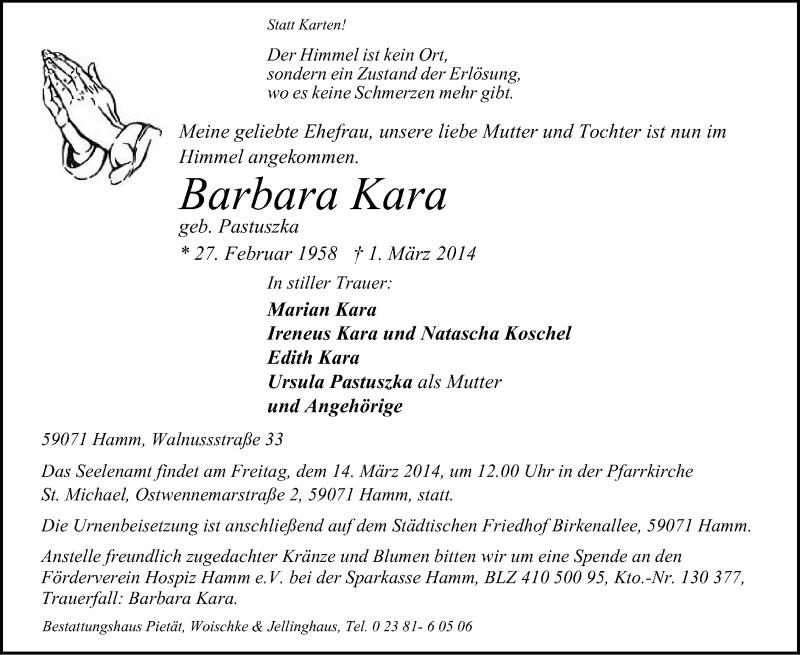  Traueranzeige für Barbara Kara vom 08.03.2014 aus MZV