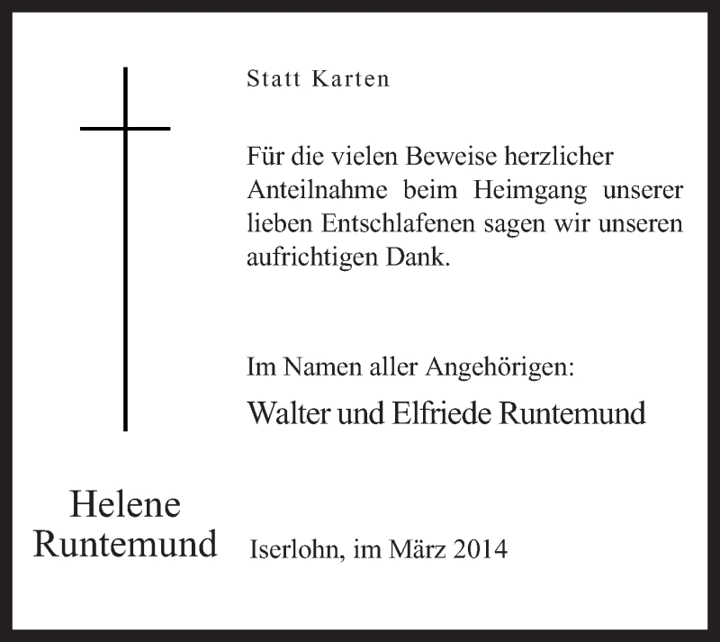  Traueranzeige für Helene Runtemund vom 08.03.2014 aus MZV