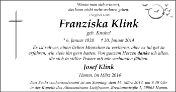 Traueranzeige von Franziska Klink von MZV