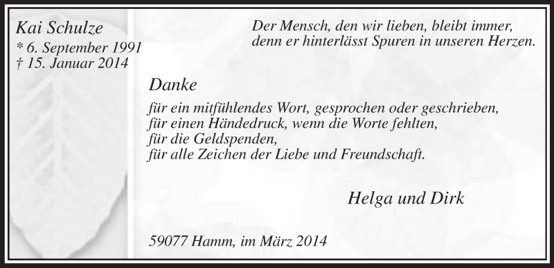  Traueranzeige für Kai Schulze vom 08.03.2014 aus MZV
