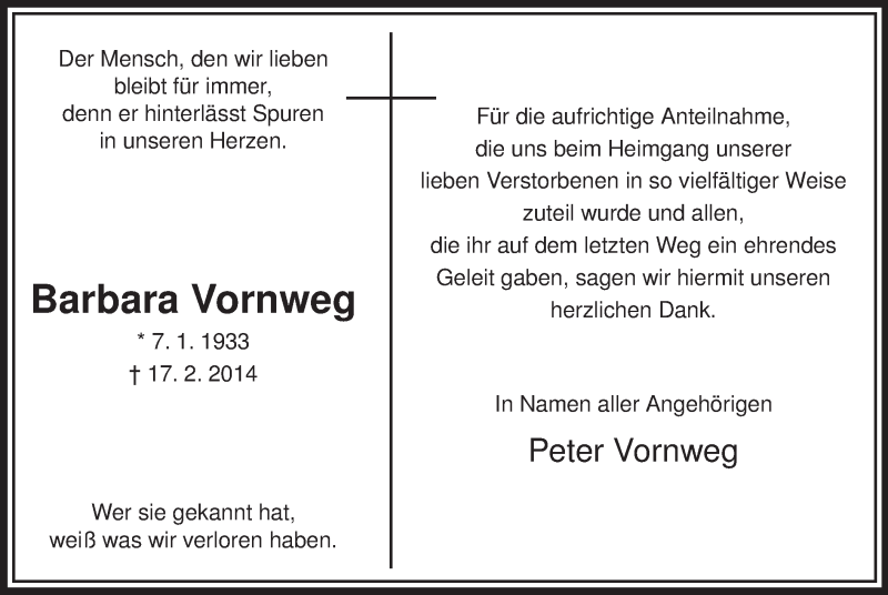  Traueranzeige für Barbara Vornweg vom 08.03.2014 aus MZV
