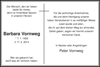 Traueranzeige von Barbara Vornweg von MZV