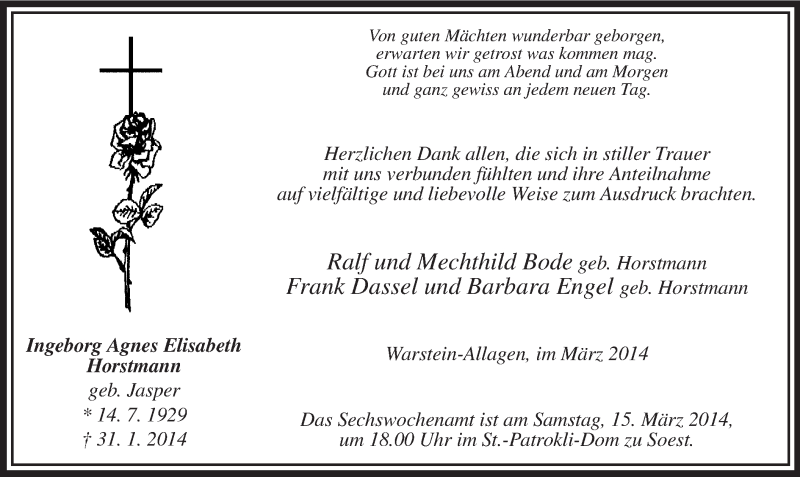  Traueranzeige für Ingeborg Agnes Elisabeth Horstmann  vom 08.03.2014 aus MZV