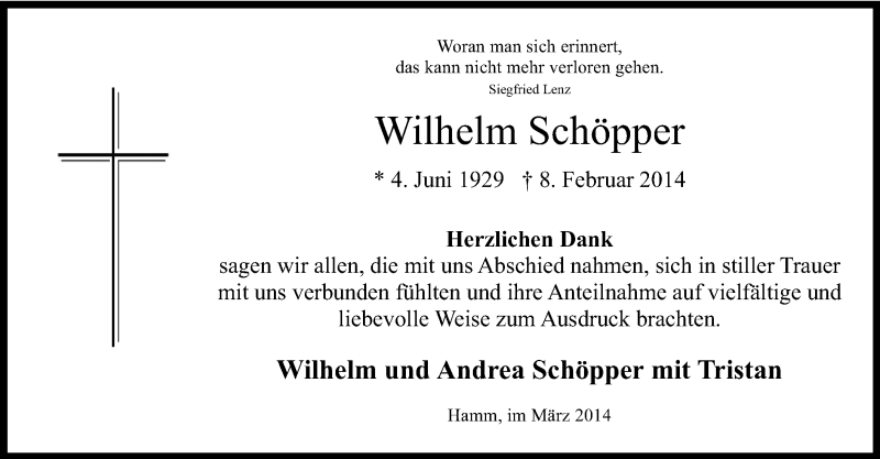  Traueranzeige für Wilhelm Schöpper vom 08.03.2014 aus MZV