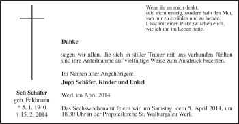 Traueranzeige von Sefi Schäfer von MZV