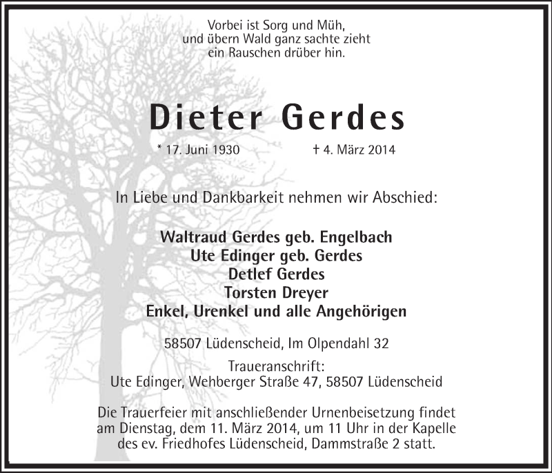  Traueranzeige für Dieter Gerdes vom 07.03.2014 aus MZV