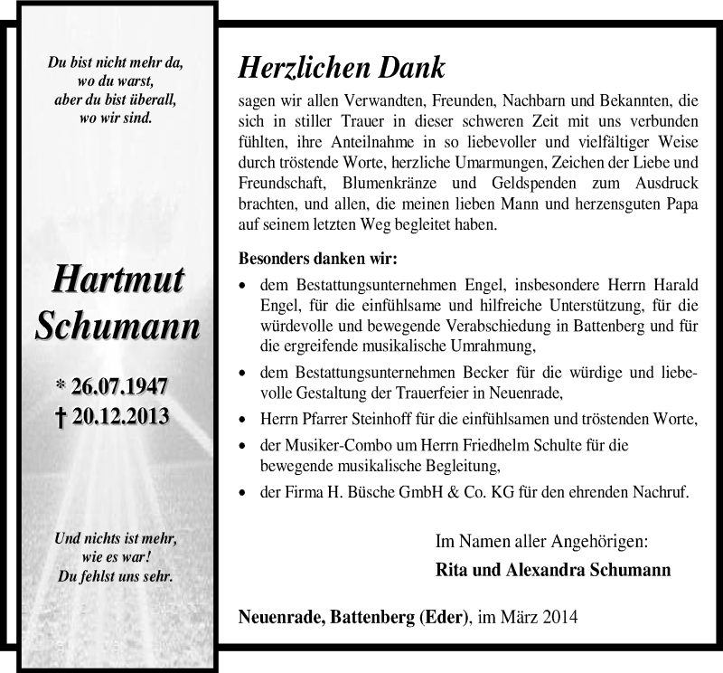  Traueranzeige für Hartmut Schumann vom 08.03.2014 aus MZV