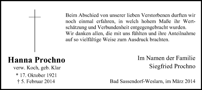  Traueranzeige für Hanna Prochno vom 08.03.2014 aus MZV