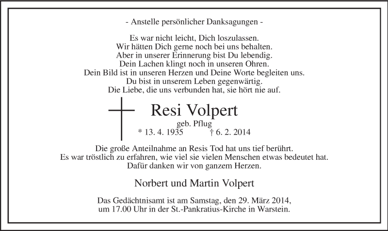  Traueranzeige für Resi Volpert vom 22.03.2014 aus MZV