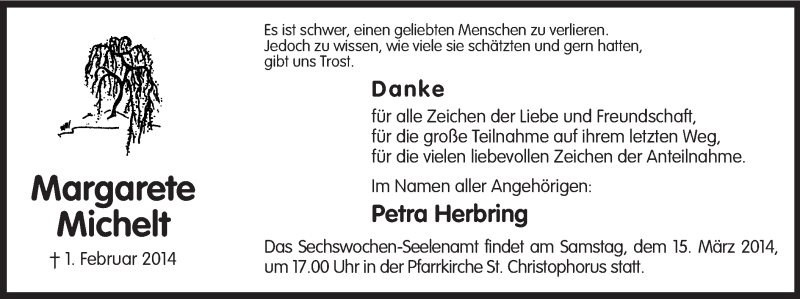  Traueranzeige für Margarete Michelt vom 12.03.2014 aus MZV