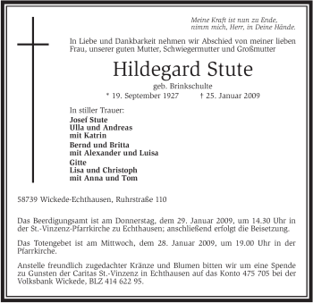 Traueranzeige von Hildegard Stute von WESTFÄLISCHER ANZEIGER