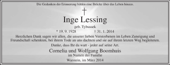 Traueranzeige von Inge Lessing von MZV