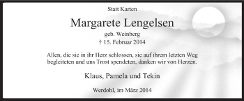 Traueranzeige von Margarete Lengelsen von MZV