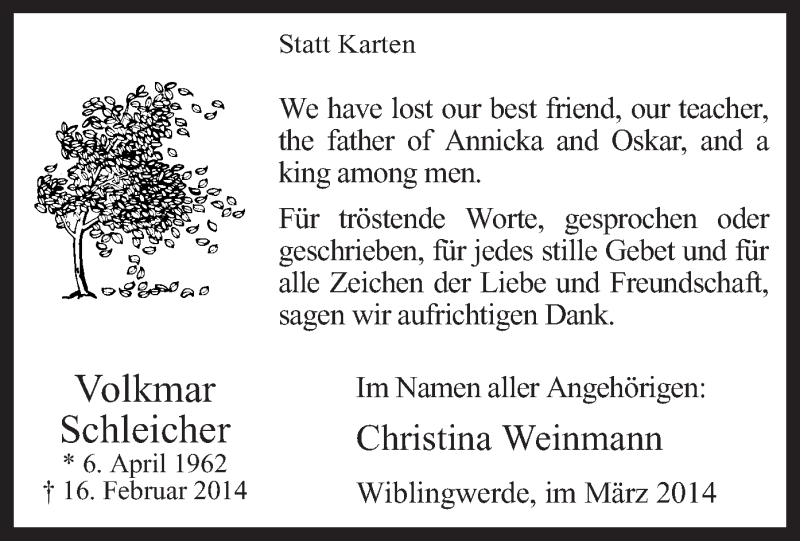  Traueranzeige für Volkmar Schleicher vom 15.03.2014 aus MZV