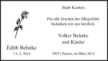 Traueranzeige von Edith Behnke von MZV