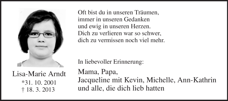  Traueranzeige für Lisa-Marie Arndt vom 18.03.2014 aus MZV