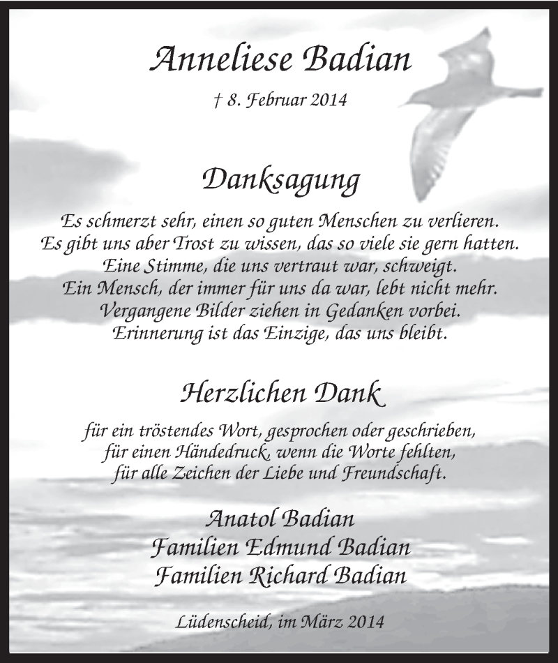  Traueranzeige für Anneliese Badian vom 22.03.2014 aus MZV