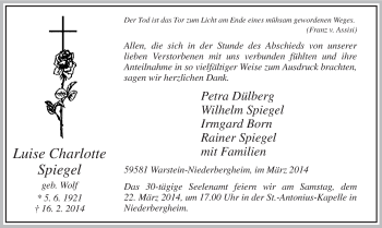 Traueranzeige von Luise Charlotte Spiegel von MZV